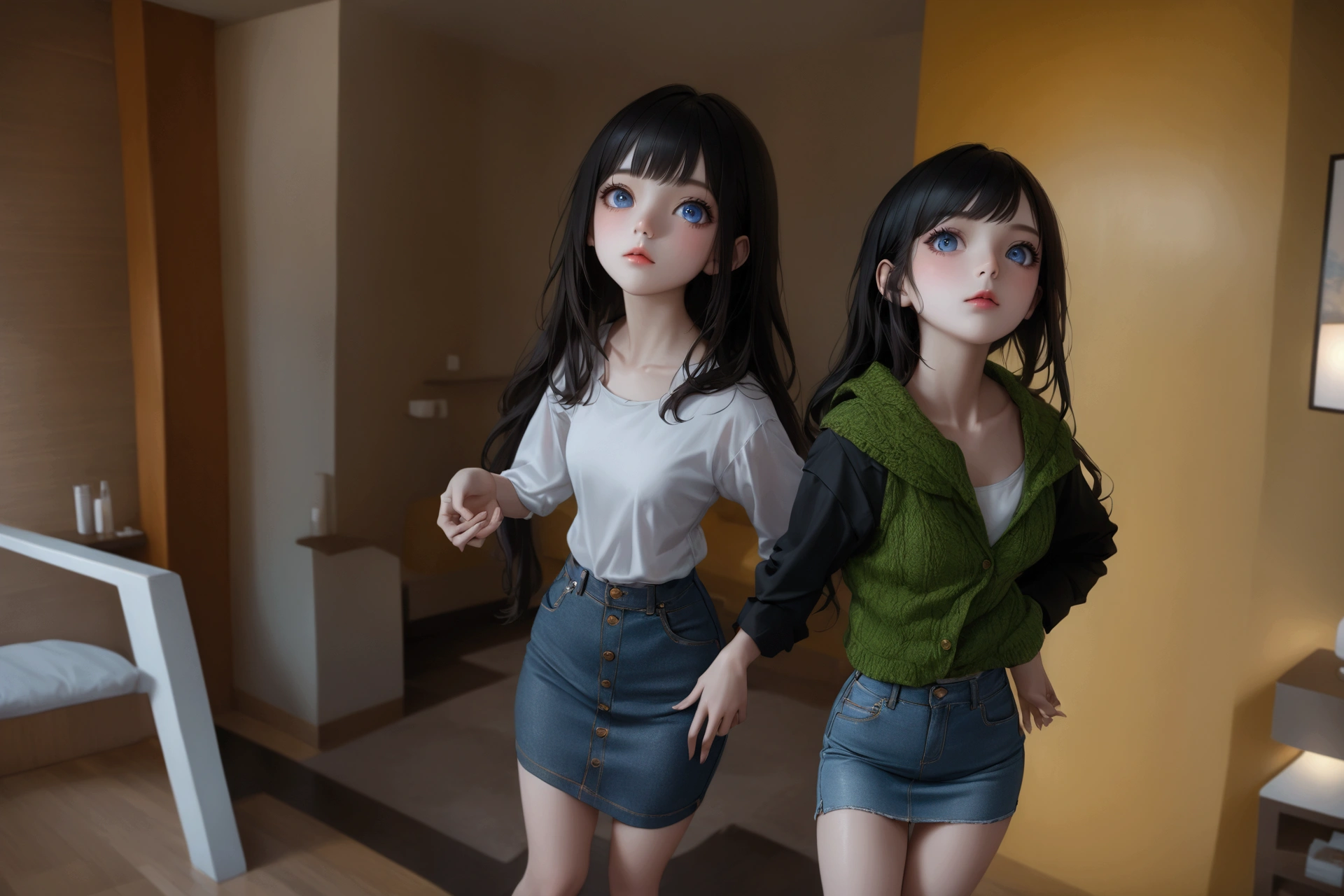 a beautiful anime girl, beautiful detailed eyes, beautiful detailed lips, extremely detailed eyes and face, long eyelashes, 2 girls, fashion models, looking at viewer, hotel room, full body, realistic anime illustration, masterpiece, best quality, 8k, hyper detailed, vivid colors, dramatic lighting, elegant, stylish outfit (both wearing denim skirt), glamorous, cinematic composition