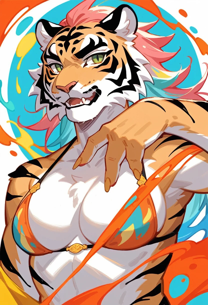 rating_safe, score_9, score_8_up, score_7_up, score_6_up, score_5_up, score_4_up, hires, source_furry(masterpiece, top-quality, Official art)Look at viewericro bikini, tiger and girl, Tiger painting}A flash of light runs, Colorful water levitation,