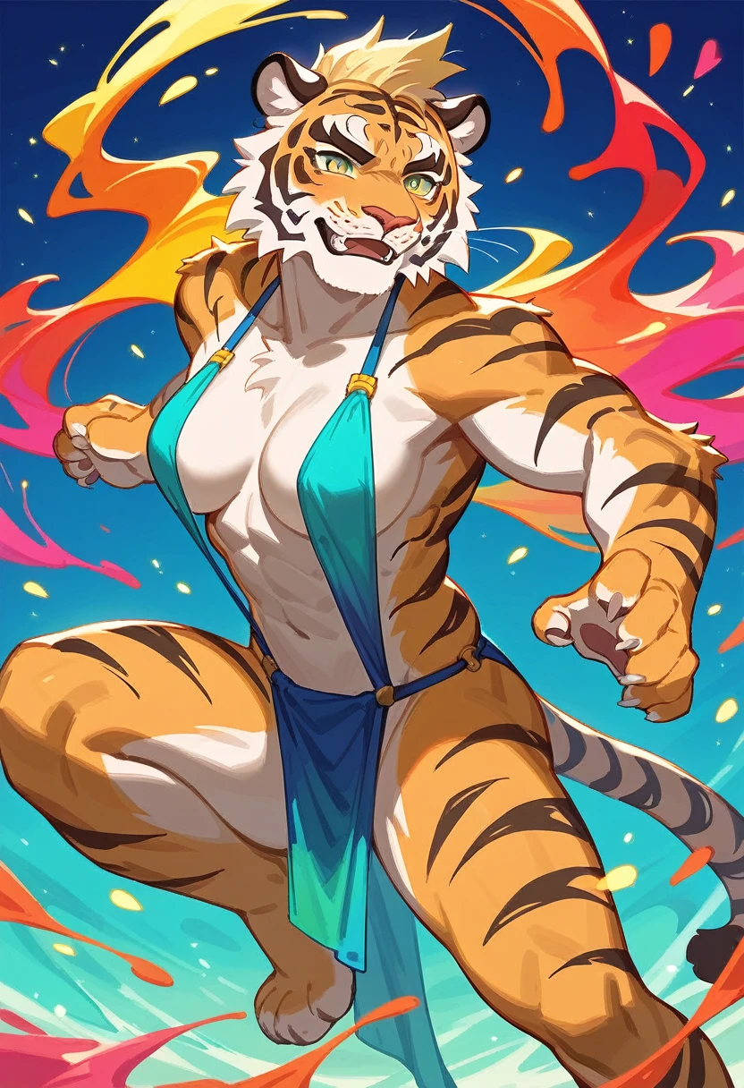 (masterpiece, top-quality, Official art:1.2)Look at viewericro bikini, tiger and girl, Tiger painting}A flash of light runs, Colorful water levitation(2D:1.5),