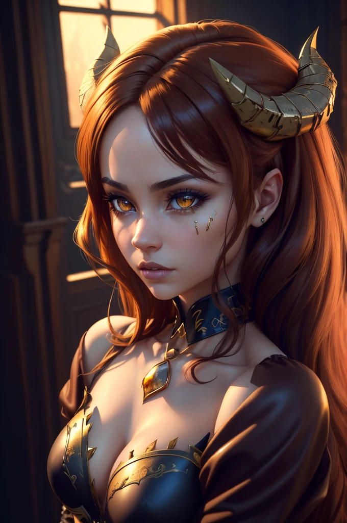 a light skinned woman with a semi round face, golden eyes,golden eyes,golden eyes,golden eyes,golden eyes,golden eyes,golden eyes,golden eyes,golden eyes, broken demon wings, demon tail, horns, brown hair, wearing a cute pink gothic dress, (best quality,4k,8k,highres,masterpiece:1.2),ultra-detailed,(realistic,photorealistic,photo-realistic:1.37),fantasy,horror,dark fantasy,digital art, intricate details,highly detailed,dramatic lighting,cinematic,moody atmosphere,rich textures
