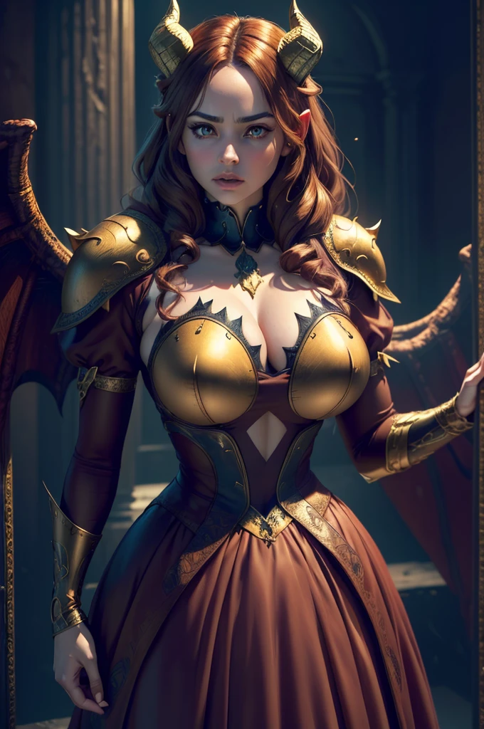 a light skinned woman with a semi round face, golden eyes,golden eyes,golden eyes,golden eyes,golden eyes,golden eyes,golden eyes,golden eyes,golden eyes, broken demon wings, demon tail, horns, brown hair, wearing a cute pink gothic dress, (best quality,4k,8k,highres,masterpiece:1.2),ultra-detailed,(realistic,photorealistic,photo-realistic:1.37),fantasy,horror,dark fantasy,digital art, intricate details,highly detailed,dramatic lighting,cinematic,moody atmosphere,rich textures
