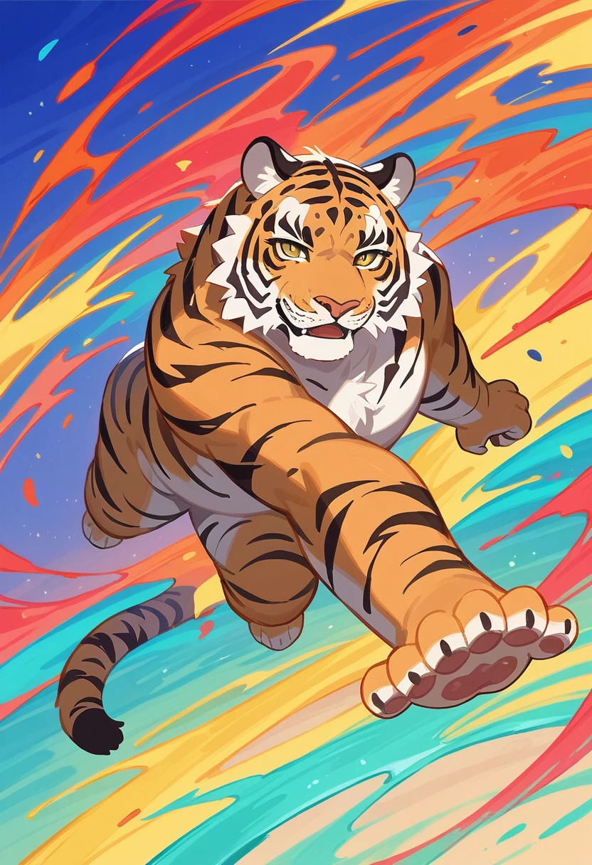 (masterpiece, top-quality, Official art:1.2)Look at viewericro bikini, tiger and girl, Tiger painting}A flash of light runs, Colorful water levitation(2D:1.5),