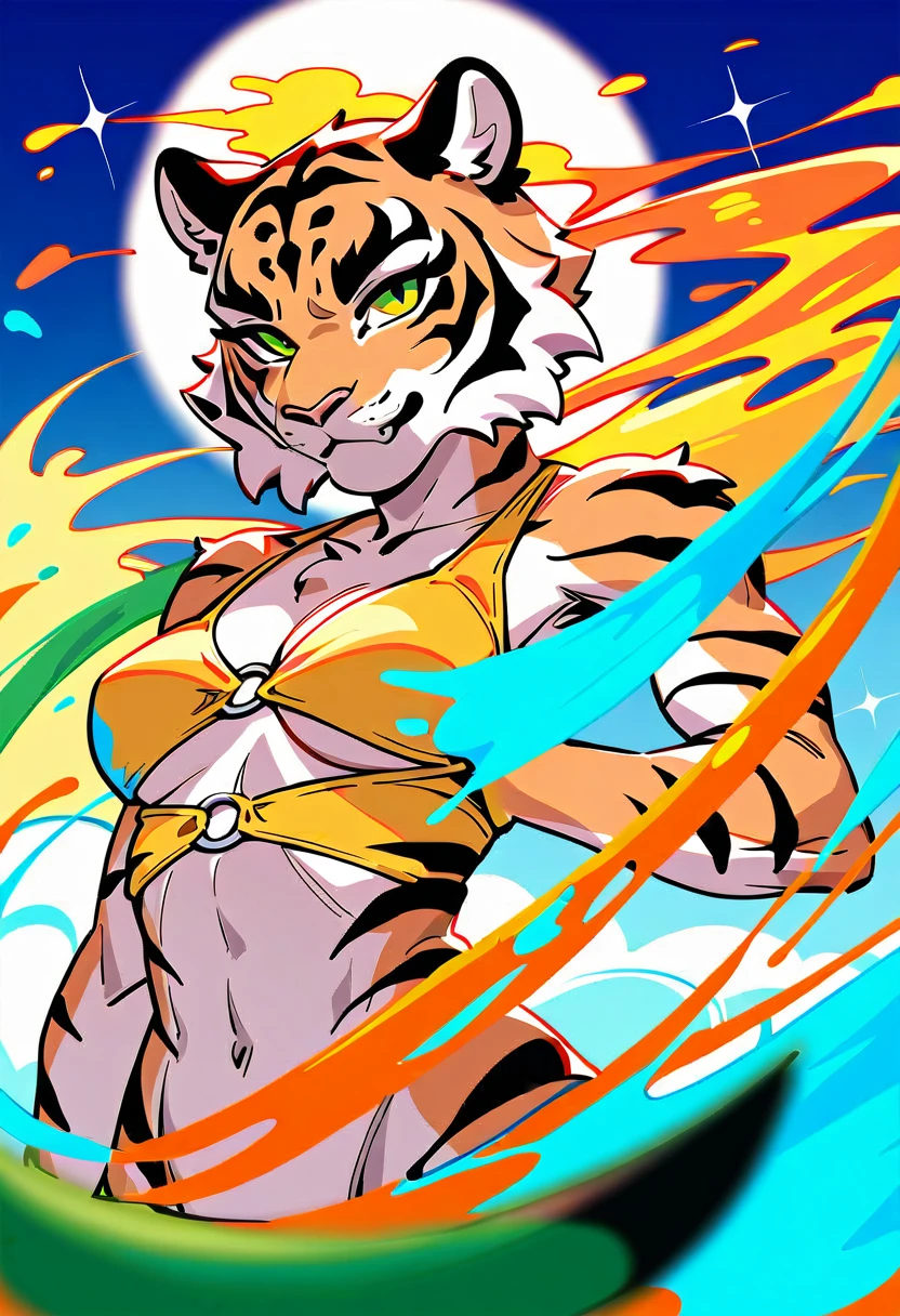 (masterpiece, top-quality, Official art:1.2)Look at viewericro bikini, tiger and girl, Tiger painting}A flash of light runs, Colorful water levitation(2D:1.5),
