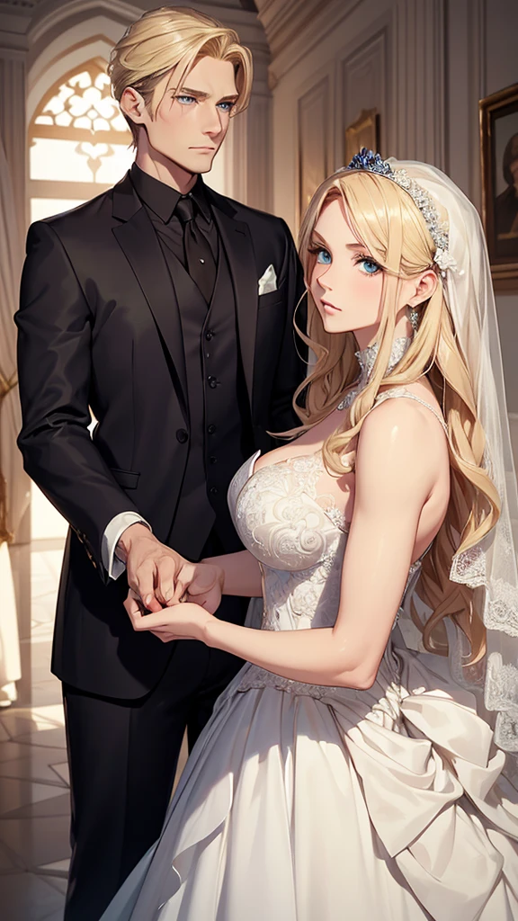 ((Best Quality)), ((Masterpiece)), (detailed)) A beautiful woman with blonde hair, blue eyes, serious countenance, dressed in a beautiful wedding dress, a beautiful wedding veil covers her face, Next to him is a slightly muscular man, Brown hair, green eyes, dressed in a black suit, serious look
