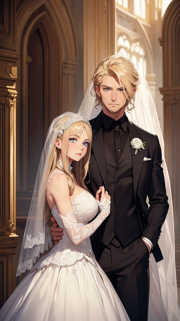 ((Best Quality)), ((Masterpiece)), (detailed)) A beautiful woman with blonde hair, blue eyes, serious countenance, dressed in a beautiful wedding dress, a beautiful wedding veil covers her face, Next to him is a slightly muscular man, Brown hair, green eyes, dressed in a black suit, serious look