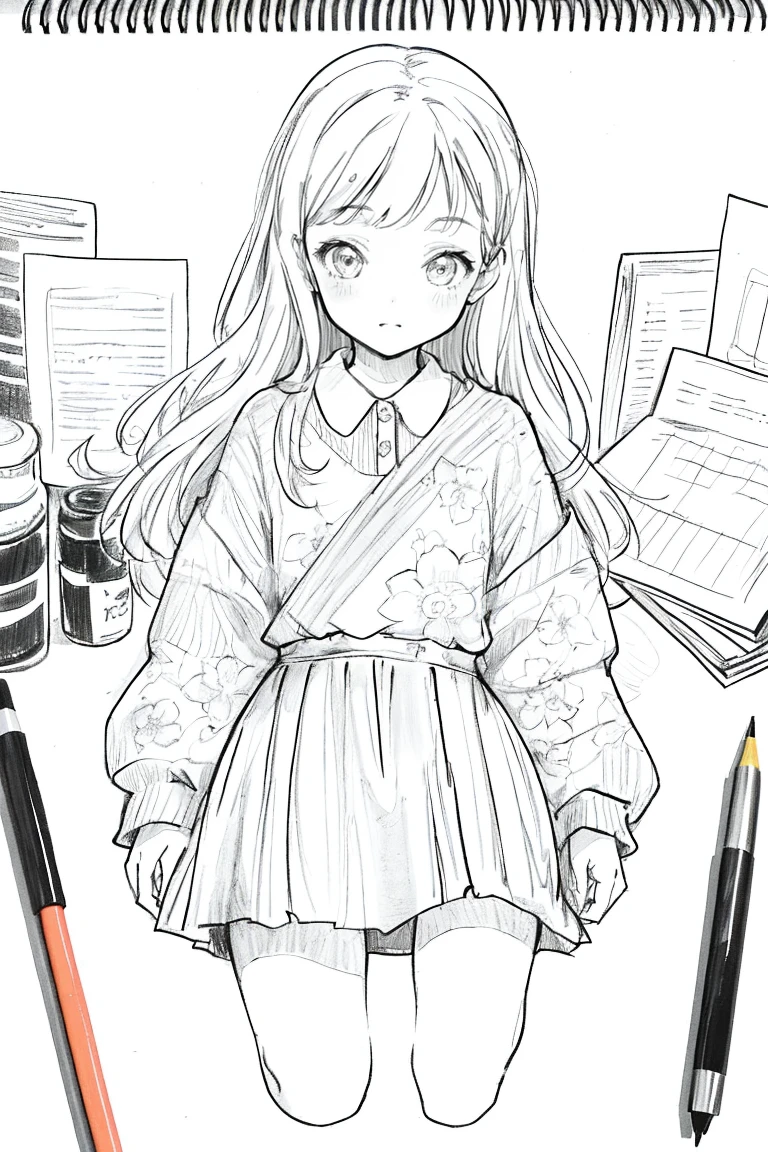 1 girl,line art,monochrome,outline,drawing pencil,Traditional media The girl is super cute