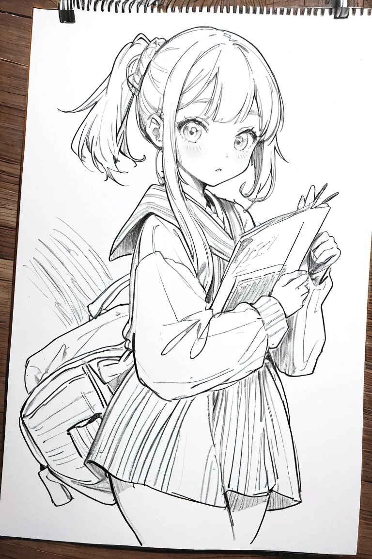 1 girl,line art,monochrome,outline,drawing pencil,Traditional media The girl is super cute
