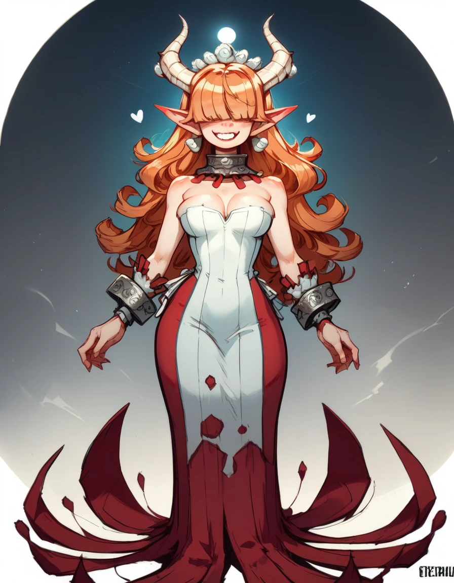 score_9,score_8_up,score_7_up,
Clergyxl,pointy ears,hair over eyes, curly ginger hair big breast,smile,teeth,long hair,hips,
bare shoulders,red strapless dress,pearl earrings,wrist cuffs,wristband, Metal collar,
bedroom, summoned, looking at viewerShe has tan skin, she has heterochomria iridium, her left eye is orange, and her right eye is yellow, she has long horns on her head that curve into a heart, she has long curly ginger hair with curly bangs thag cover her eyes, she is  yet cruvy, she dresses in reds and blacks, wearing a tight dress, and platform heels.