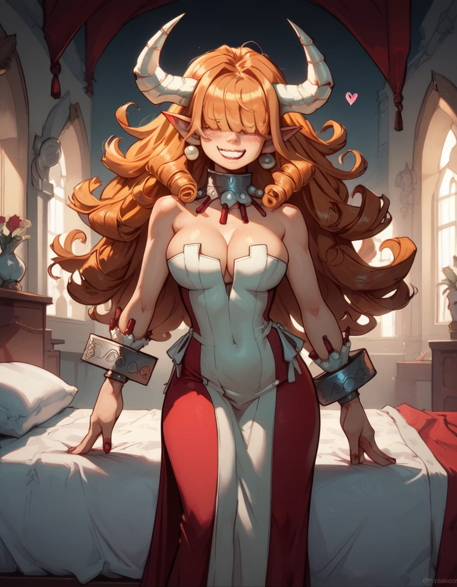 score_9,score_8_up,score_7_up,
Clergyxl,pointy ears,hair over eyes, curly ginger hair big breast,smile,teeth,long hair,hips,
bare shoulders,red strapless dress,pearl earrings,wrist cuffs,wristband, Metal collar,
bedroom, summoned, looking at viewerShe has tan skin, she has heterochomria iridium, her left eye is orange, and her right eye is yellow, she has long horns on her head that curve into a heart, she has long curly ginger hair with curly bangs thag cover her eyes, she is  yet cruvy, she dresses in reds and blacks, wearing a tight dress, and platform heels.