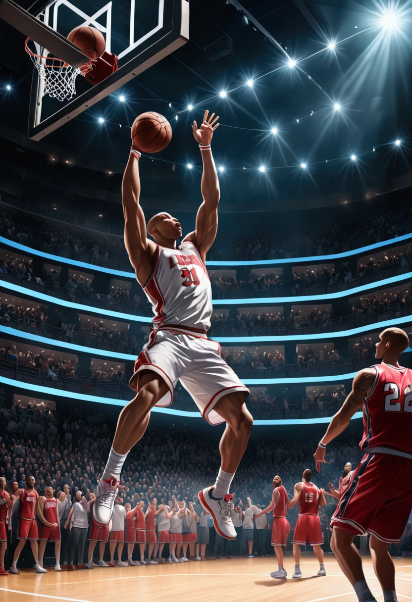 1boy, Game-Winning Dunk, a basketball player jumping high, performing a spectacular slam dunk, intense action pose, muscular male body, dynamic movement, basketball court, crowd cheering, dramatic lighting, cinematic composition, 8k, (4k,highres:1.2), ultra-detailed, studio lighting, extreme detail description, professional, vivid colors, masterpiece, best quality, very aesthetic, absurdres