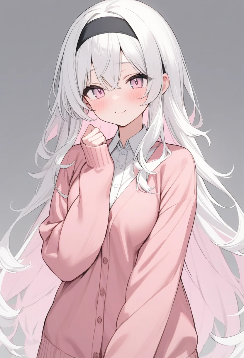 Simple Background,masterpiece,Highest quality,woman,smile,Wavy long hair,(White Hair),(Light pink inner color),Cute eyes,水色のCute eyes,Pink Cardigan、Black headband、