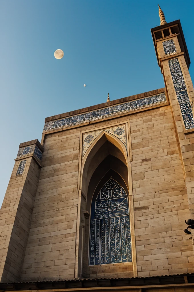 Create a picture where right at the top you can see a moon with a star, underneath there is just a roof of a mosque and underneath there are the letters IKZ in large letters and IKZ stands on two lines that go upwards as well as wings and underneath there again
