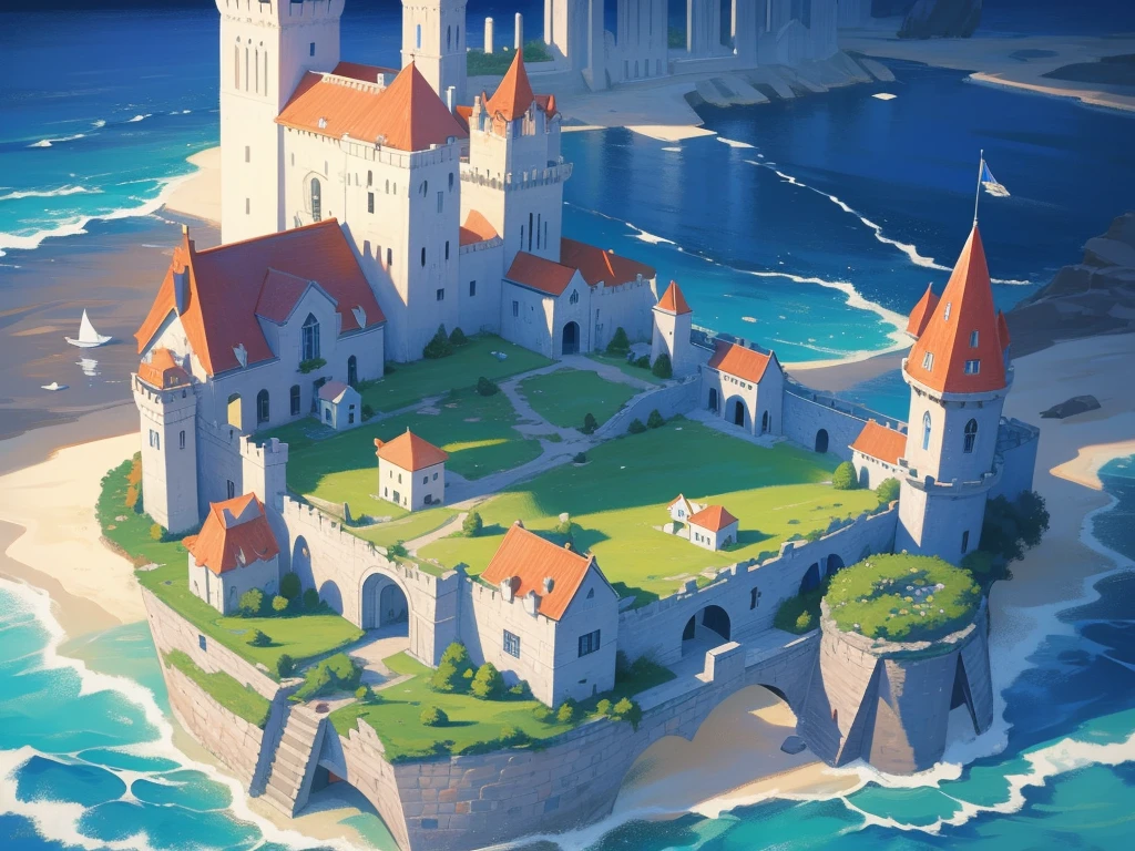ilustração de livro ilustrado, ilustração de livro de histórias em aquarela, (beira-mar castle), cores pastel vibrantes, sonhar, colorida, Excêntrico, mágico, obra de arte, melhor qualidade, foco nitído, ambiente intrincadamente detalhado, Detalhes finos, Resolução 8K, (oceano), (beira-mar), horizon, A small floating magical medieval island city, top-down view, houses, (various important locations 1.3), (every house is different 1.2), wizard's castle, medieval architecture, luminous details, wizard's tower with magical lights, welcoming asylum, vibrant school, robust bank, lively tavern, military training grounds, bustling market, official mayor's building, discreet brothel, port with docks, blue surrounding water, protective walls, vibrant colors, D&D map, drawn, small island, rpg drawing, fantasy sketch, various buildings, assymetric, round island, Small city, simple drawing, sketch, painting, floating island, flying island, painting, flying city in the style of inkarnate, painted, raw painting, (surrounded by water 1.2)