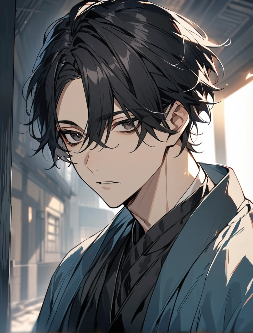 (black_hair), (short_hair), (deep_black_eyes), (Handsome), (Attractive), (male), (black_colored_Haori), (detailed_Hair), (detailed), (detailed_mouth), (Teenager), (dark_under_eyes), 