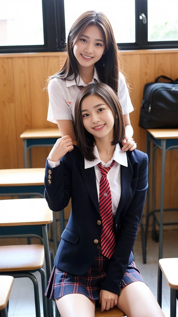 Beautiful girl is in the school classroom. uniform with red tie Dark blue closed blazer Blue plaid miniskirt. 16 years old. Short brown hair with waves on the side. The best smile I see your beautiful thighs, knees, random poses, beautiful girl, slim girl. I'm sitting with my legs spread open on the table in the classroom. My skin is beautiful, wearing cute sneakers. Natural makeup