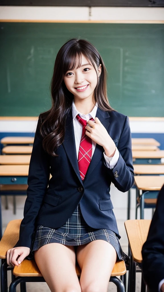 Beautiful girl is in the school classroom. uniform with red tie Dark blue closed blazer Blue plaid miniskirt. 16 years old. Short brown hair with waves on the side. The best smile I see your beautiful thighs, knees, random poses, beautiful girl, slim girl. I'm sitting with my legs spread open on the table in the classroom. My skin is beautiful, wearing cute sneakers. Natural makeup