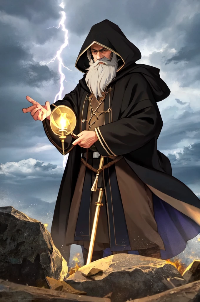 /image of an old magician with a penetrating gaze wearing a black tunic and with the hood up where only the features of his face can be seen hidden by his beard, supported with a long brown cane with a blue stone on top in the background there are storms with lightning 