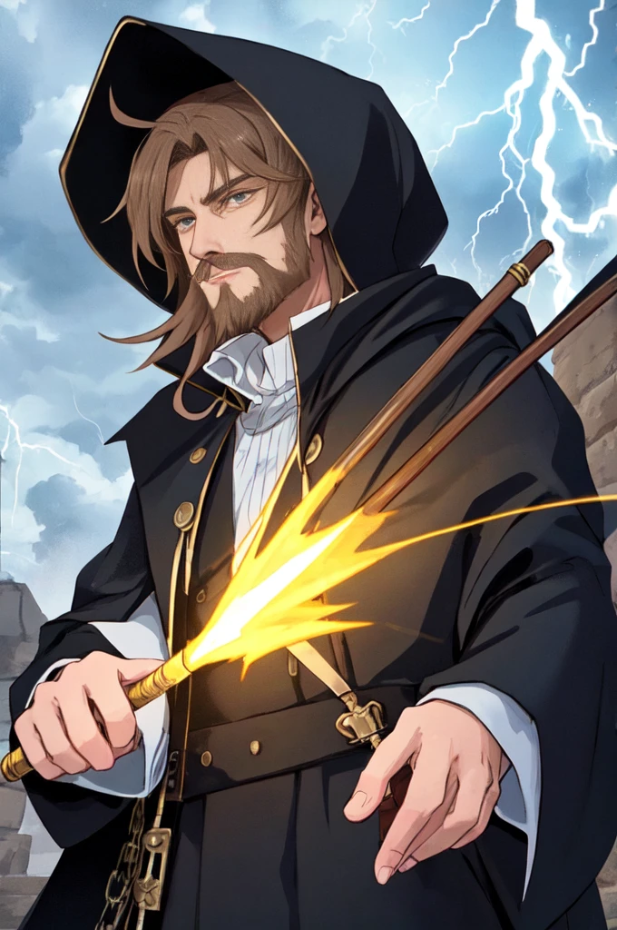 /image of an old magician with a penetrating gaze wearing a black tunic and with the hood up where only the features of his face can be seen hidden by his beard, supported with a long brown cane with a blue stone on top in the background there are storms with lightning 