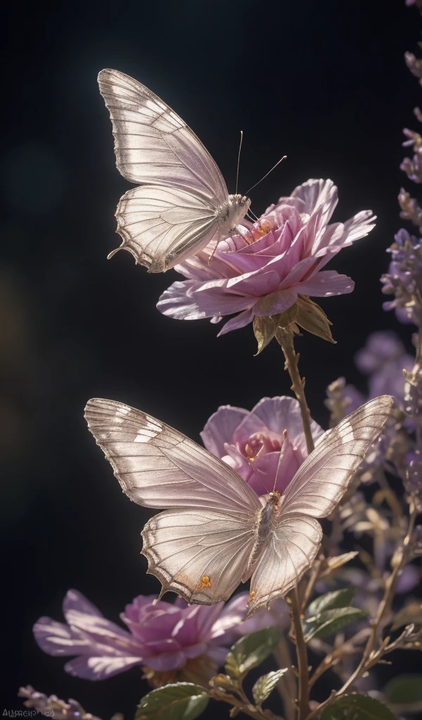 "An ethereal white butterfly, resting gracefully on a petal of a lavender flower, surrounded by soft mist and illuminated by the golden light of dawn." Landing on a beautiful Crystal Rose，transparent rose. Bizarre, Galaxies, cleanliness, brilliant, brilliant, magnificence, Colorful, Amazing photo, dramatic lighting, photorealism, ultra - detailed, 4K, depth of field, a high resolution e 