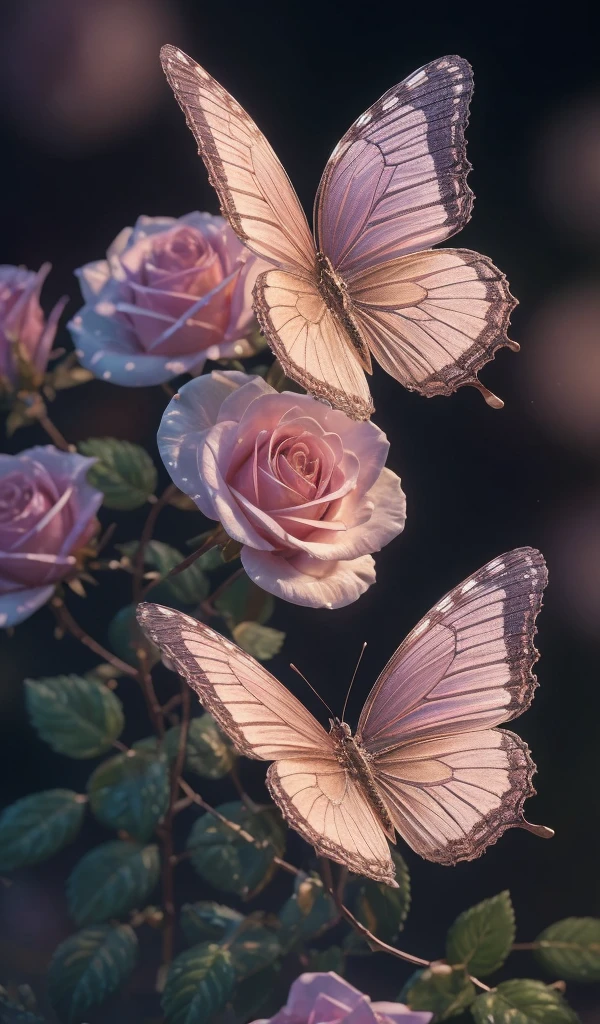 "An ethereal white butterfly, resting gracefully on a petal of a lavender flower, surrounded by soft mist and illuminated by the golden light of dawn." Landing on a beautiful Crystal Rose,transparent rose. Bizarre, Galaxies, cleanliness, brilliant, brilliant, magnificence, Colorful, Amazing photo, dramatic lighting, photorealism, ultra - detailed, 4K, depth of field, a high resolution e
