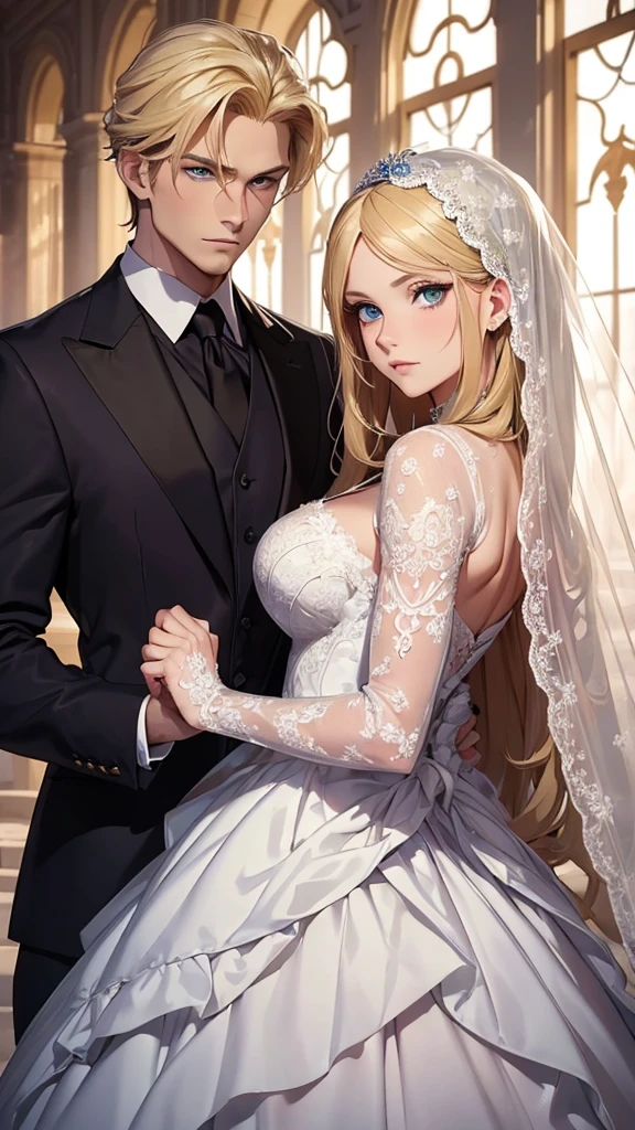 ((Best Quality)), ((Masterpiece)), (detailed)) A beautiful woman with blonde hair, blue eyes, serious countenance, dressed in a beautiful wedding dress, a beautiful wedding veil covers her face, Next to him is a slightly muscular man, Brown hair, green eyes, dressed in a black suit, serious look