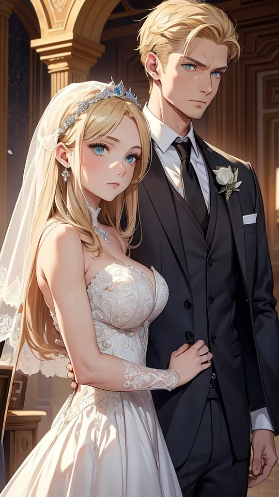 ((Best Quality)), ((Masterpiece)), (detailed)) A beautiful woman with blonde hair, blue eyes, serious countenance, dressed in a beautiful wedding dress, a beautiful wedding veil covers her face, Next to him is a slightly muscular man, Brown hair, green eyes, dressed in a black suit, serious look