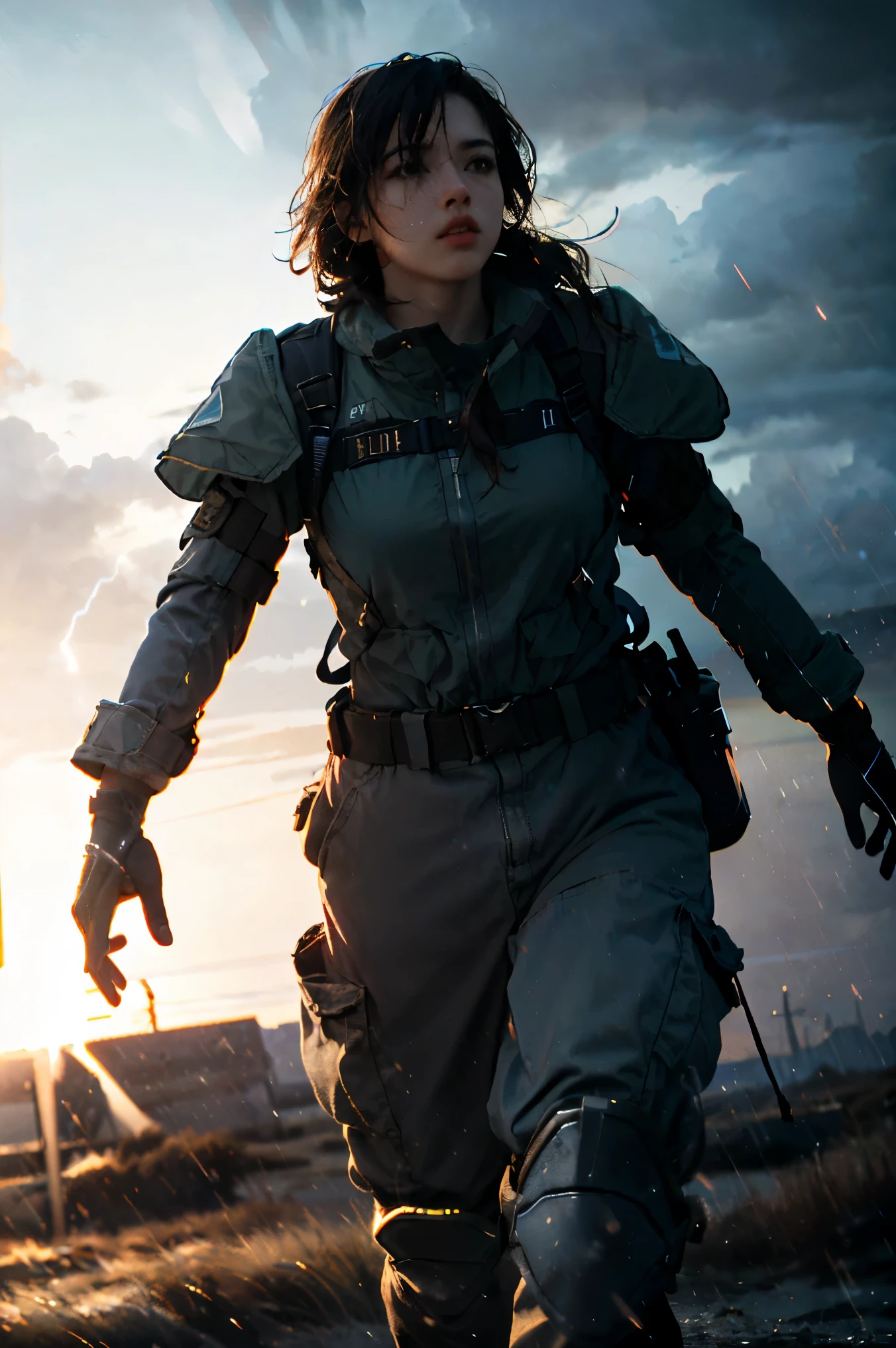 storm、A female soldier in combat uniform in the distance、, Surrealism, cinematic lighting, UHD, anatomically correct, award winning, best quality, highres, 8k