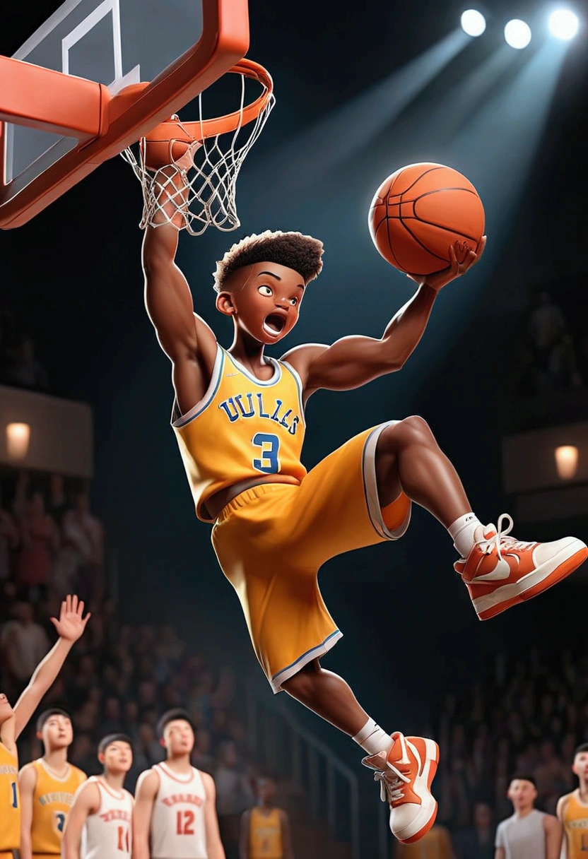 1boy, Game-Winning Dunk, a basketball player jumping high, performing a spectacular slam dunk, intense action pose, muscular male body, dynamic movement, basketball court, crowd cheering, dramatic lighting, cinematic composition, 8k, (4k,highres:1.2), ultra-detailed, studio lighting, extreme detail description, professional, vivid colors, masterpiece, best quality, very aesthetic, absurdres