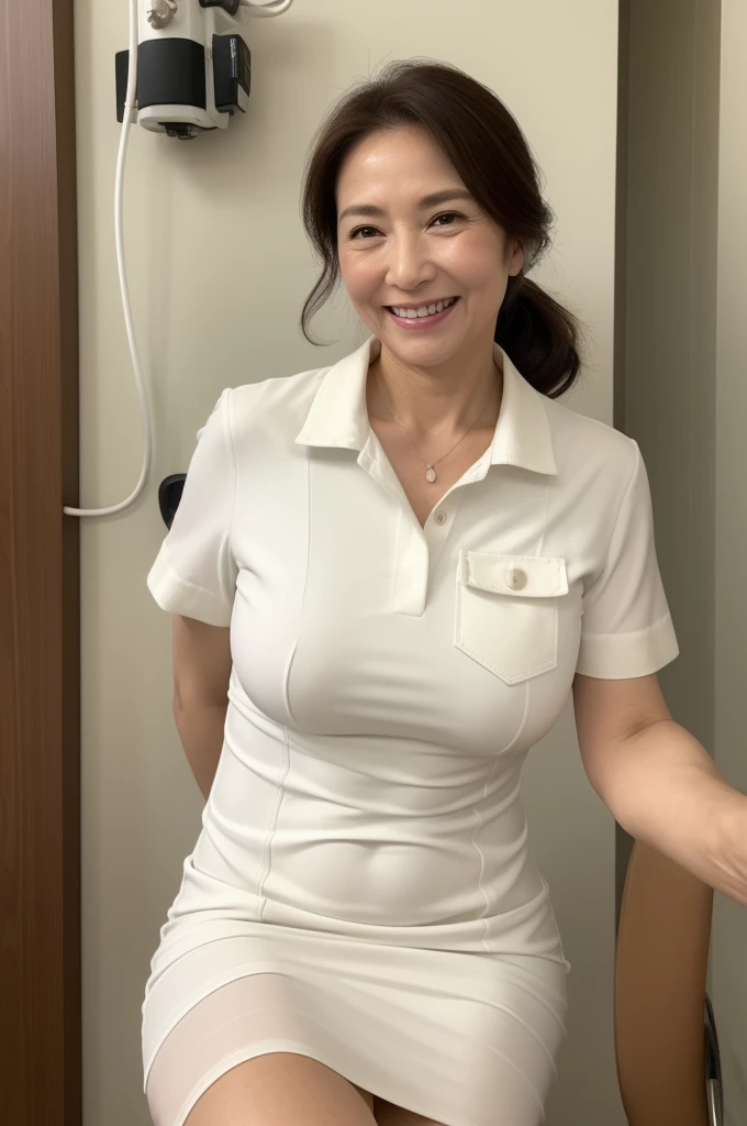 masterpiece, best quality, 16K, hospital, operating room, old woman, interior photo, glad, smiling, standing, front view, long hair, ponytail, black hair, eyes open, (large breasts:1.32), (wrinkles corners eyes:1.32), (nasolabial:1.32), (old skin:1.32), freckled skin, wrinkles skin, pale skin, (old muscles:1.2), plump, {(nurse), (breast pocket), (collared dress), (short dress:1.48), (short sleeves), (thighs), (white dress), (white headwear), (white sandals), (stethoscope)}, beauty mark, 55-year-old, old, elderly, japanese, inside, in the hospital, with a operating table, in the afternoon, real person, ultra realistic photo, nsfw, full body shot, from front, front view