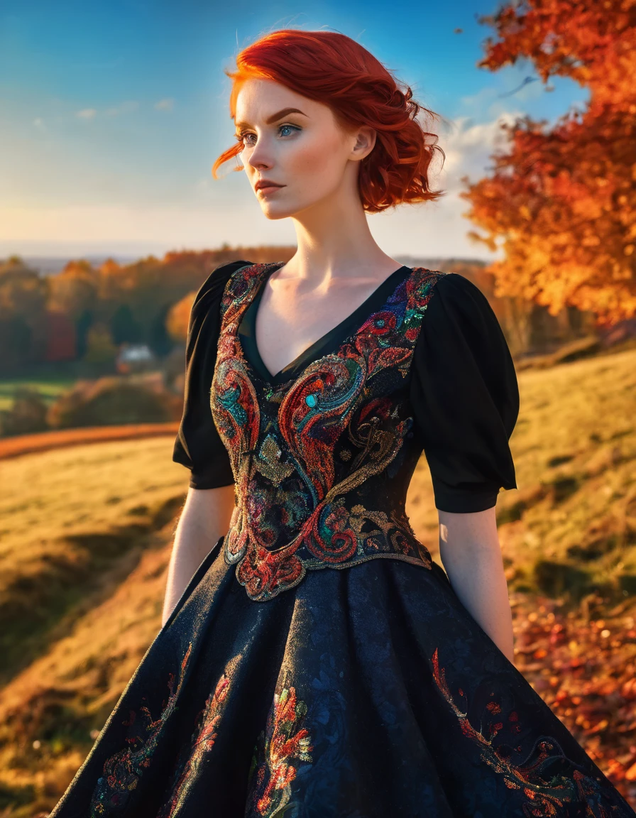 a young irish woman with red hair, wearing a black dress and a fancy typical dress in fantastic fabric, vibrant autumn colors, blue sky, golden hour, natural lighting, hyper-maximalism, raw photography, ultra-detailed photorealistic textures, artistic bokeh, volumetric lighting, Sony/Zeiss 90mm,f2.8,vray,hdr,32k,(masterpiece), best quality