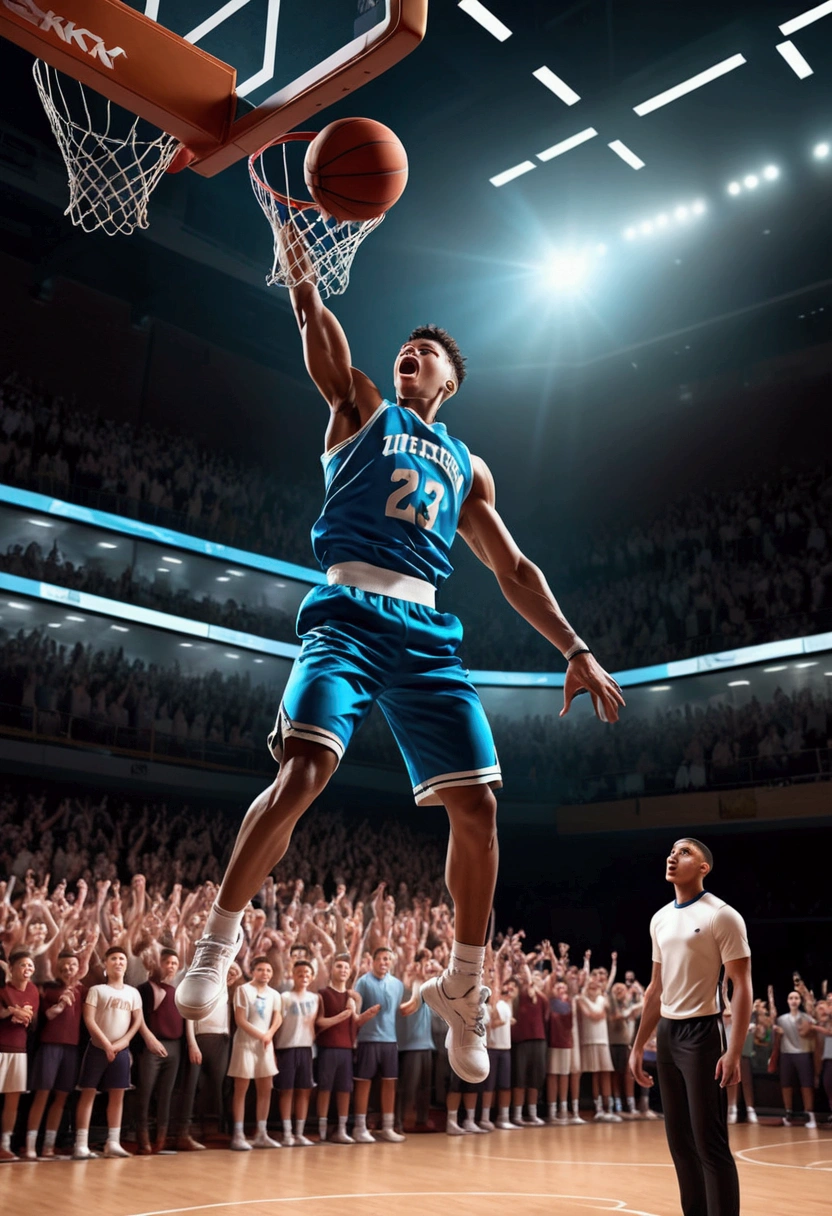 1boy, Game-Winning Dunk, a basketball player jumping high, performing a spectacular slam dunk, intense action pose, muscular male body, dynamic movement, basketball court, crowd cheering, dramatic lighting, cinematic composition, 8k, (4k,highres:1.2), ultra-detailed, studio lighting, extreme detail description, professional, vivid colors, masterpiece, best quality, very aesthetic, absurdres