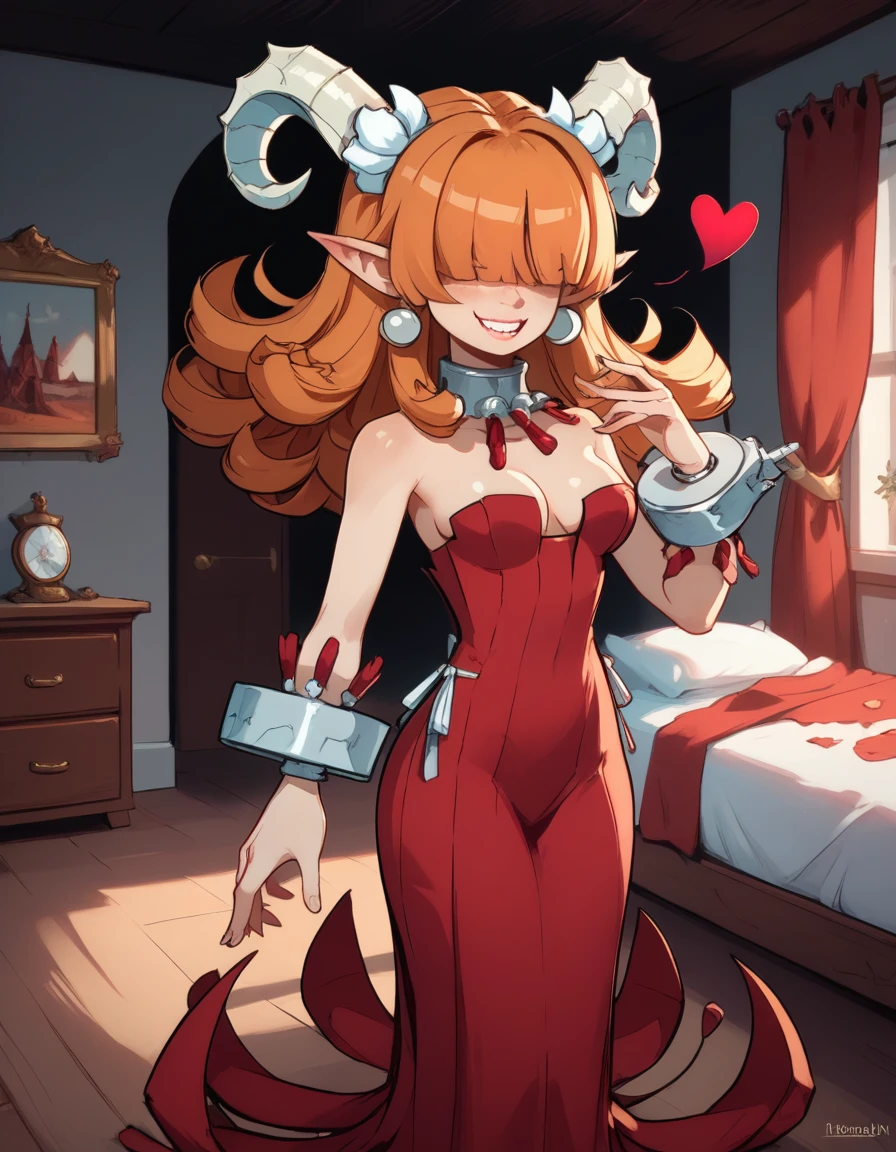 score_9,score_8_up,score_7_up,
Clergyxl,pointy ears,hair over eyes, curly ginger hair big breast,smile,teeth,long hair, dark skin,hips,
bare shoulders,red strapless dress,pearl earrings,wrist cuffs,wristband, Metal collar,
bedroom, summoned, looking at viewerShe has tan skin, she has heterochomria iridium, her left eye is orange, and her right eye is yellow, she has long horns on her head that curve into a heart, she has long curly ginger hair with curly bangs thag cover her eyes, she is  yet cruvy, she dresses in reds and blacks, wearing a tight dress, and platform heels.