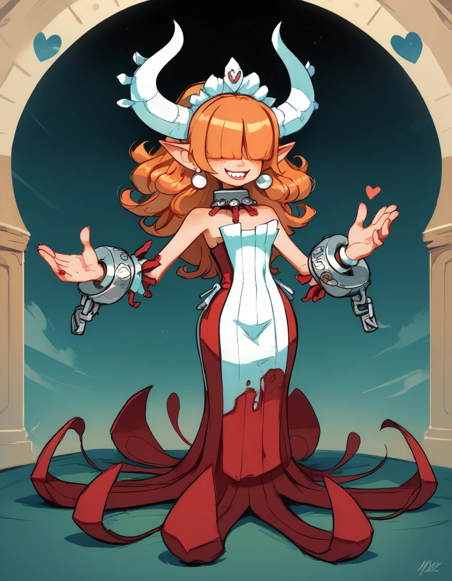 score_9,score_8_up,score_7_up,
Clergyxl,pointy ears,hair over eyes, curly ginger hair big breast,smile,teeth,long hair, dark skin,hips,
bare shoulders,red strapless dress,pearl earrings,wrist cuffs,wristband, Metal collar,
bedroom, summoned, looking at viewerShe has tan skin, she has heterochomria iridium, her left eye is orange, and her right eye is yellow, she has long horns on her head that curve into a heart, she has long curly ginger hair with curly bangs thag cover her eyes, she is  yet cruvy, she dresses in reds and blacks, wearing a tight dress, and platform heels.