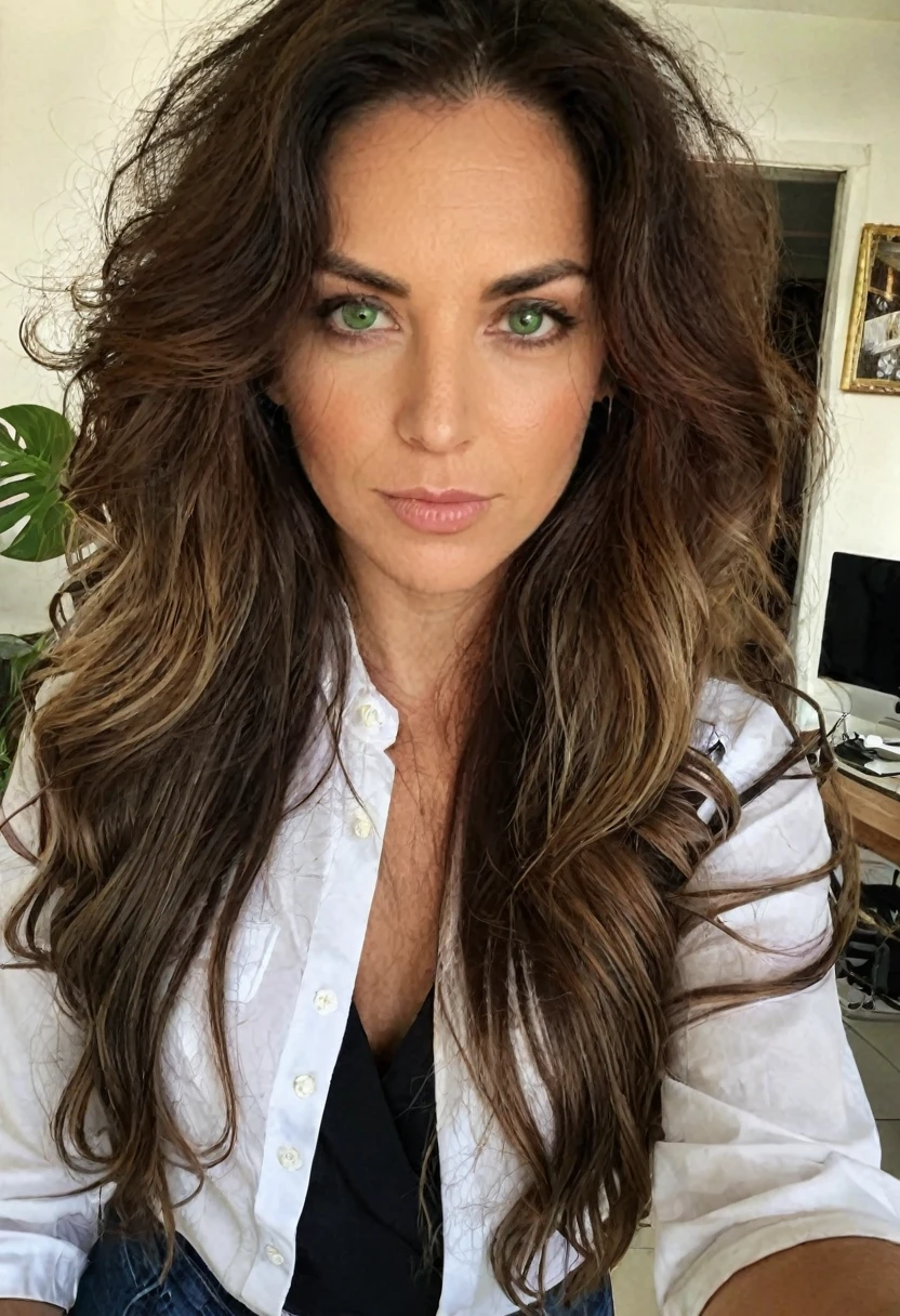 a one woman, long big hair, Brazilian, 30years, extremely powerful and elegant. ((Social clothes)) , (selfie shot), (chief director), ((greeneyes))