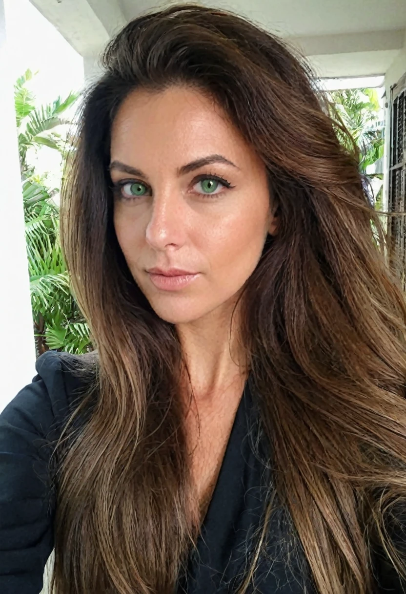 a one woman, long big hair, Brazilian, 30years, extremely powerful and elegant. ((Social clothes)) , (selfie shot), (chief director), ((greeneyes))