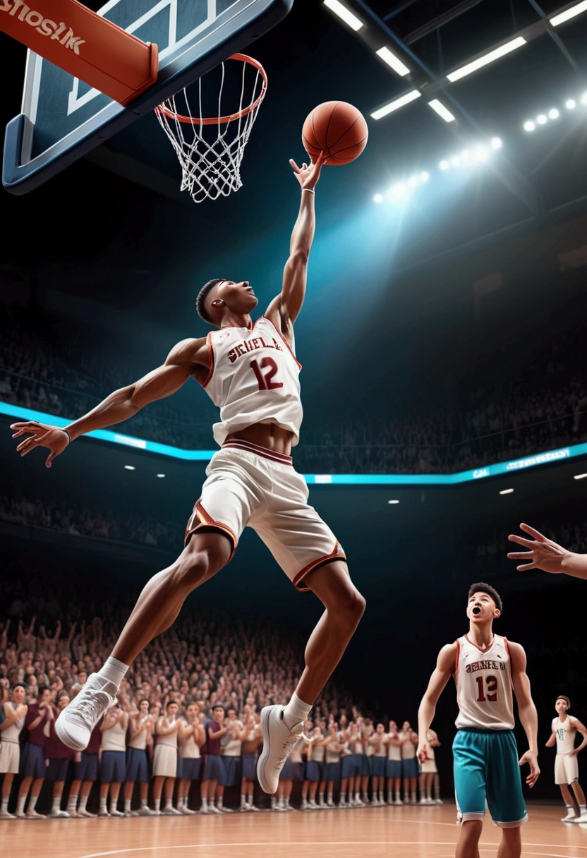 1boy, Game-Winning Dunk, a basketball player jumping high, performing a spectacular slam dunk, intense action pose, muscular male body, dynamic movement, basketball court, crowd cheering, dramatic lighting, cinematic composition, 8k, (4k,highres:1.2), ultra-detailed, studio lighting, extreme detail description, professional, vivid colors, masterpiece, best quality, very aesthetic, absurdres