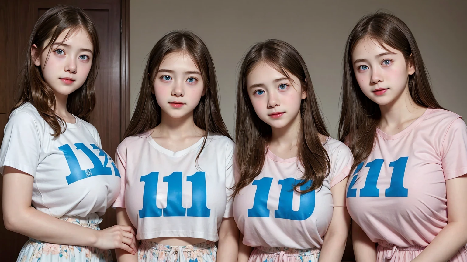 (3 girls), Young faceอินโดนีเซีย, smile, white skin, Round breast, blue eyes,((Thin pink floral t-shirt))Masterpiece, Highest quality, 8k, beautiful girl, Young face、 photography, Cute face, thigh,embarrassing valley、รอยsmile、(((((())))))、small waist、 ((Busty breasts))blue eyes(((big breasts:1.2)))