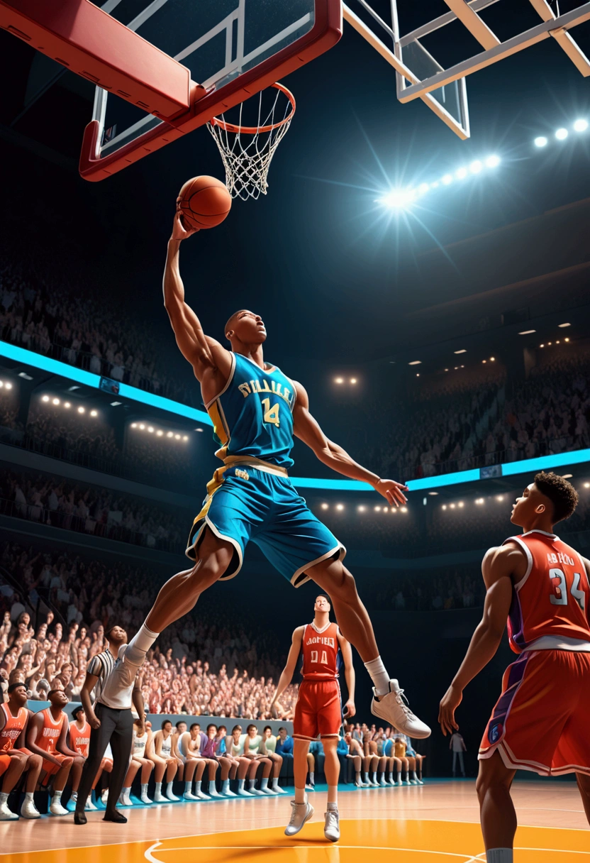 1boy, Game-Winning Dunk, a basketball player jumping high, performing a spectacular slam dunk, intense action pose, muscular male body, dynamic movement, basketball court, crowd cheering, dramatic lighting, cinematic composition, 8k, (4k,highres:1.2), ultra-detailed, studio lighting, extreme detail description, professional, vivid colors, masterpiece, best quality, very aesthetic, absurdres