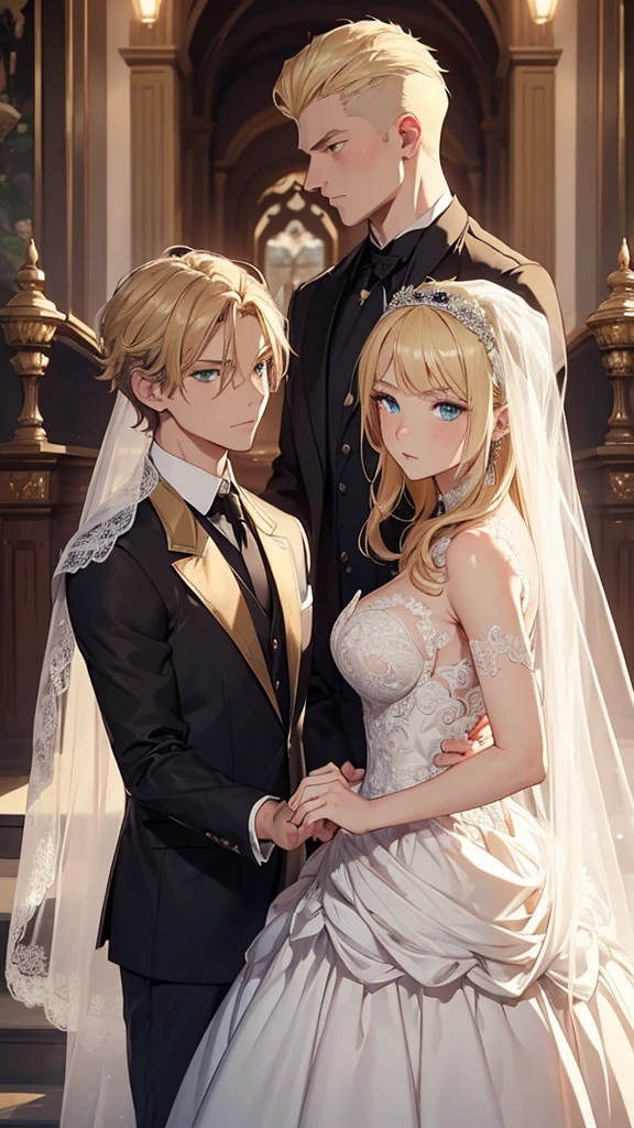 ((Best Quality)), ((Masterpiece)), (detailed)) A beautiful woman with blonde hair, blue eyes, serious countenance, dressed in a beautiful wedding dress, a beautiful wedding veil covers her face, Next to him is a slightly muscular man, Brown hair, green eyes, dressed in a black suit, serious look