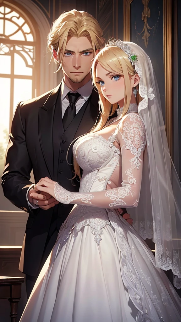 ((Best Quality)), ((Masterpiece)), (detailed)) A beautiful woman with blonde hair, blue eyes, serious countenance, dressed in a beautiful wedding dress, a beautiful wedding veil covers her face, Next to him is a slightly muscular man, Brown hair, green eyes, dressed in a black suit, serious look