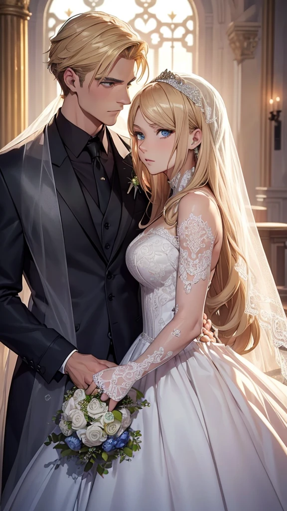 ((Best Quality)), ((Masterpiece)), (detailed)) A beautiful woman with blonde hair, blue eyes, serious countenance, dressed in a beautiful wedding dress, a beautiful wedding veil covers her face, Next to him is a slightly muscular man, Brown hair, green eyes, dressed in a black suit, serious look