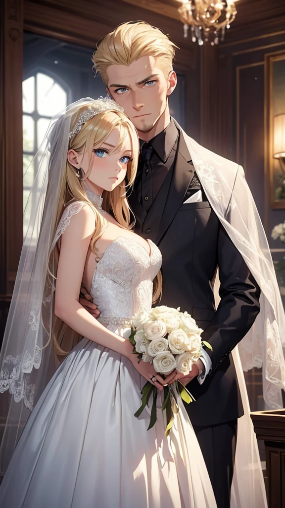 ((Best Quality)), ((Masterpiece)), (detailed)) A beautiful woman with blonde hair, blue eyes, serious countenance, dressed in a beautiful wedding dress, a beautiful wedding veil covers her face, Next to him is a slightly muscular man, Brown hair, green eyes, dressed in a black suit, serious look