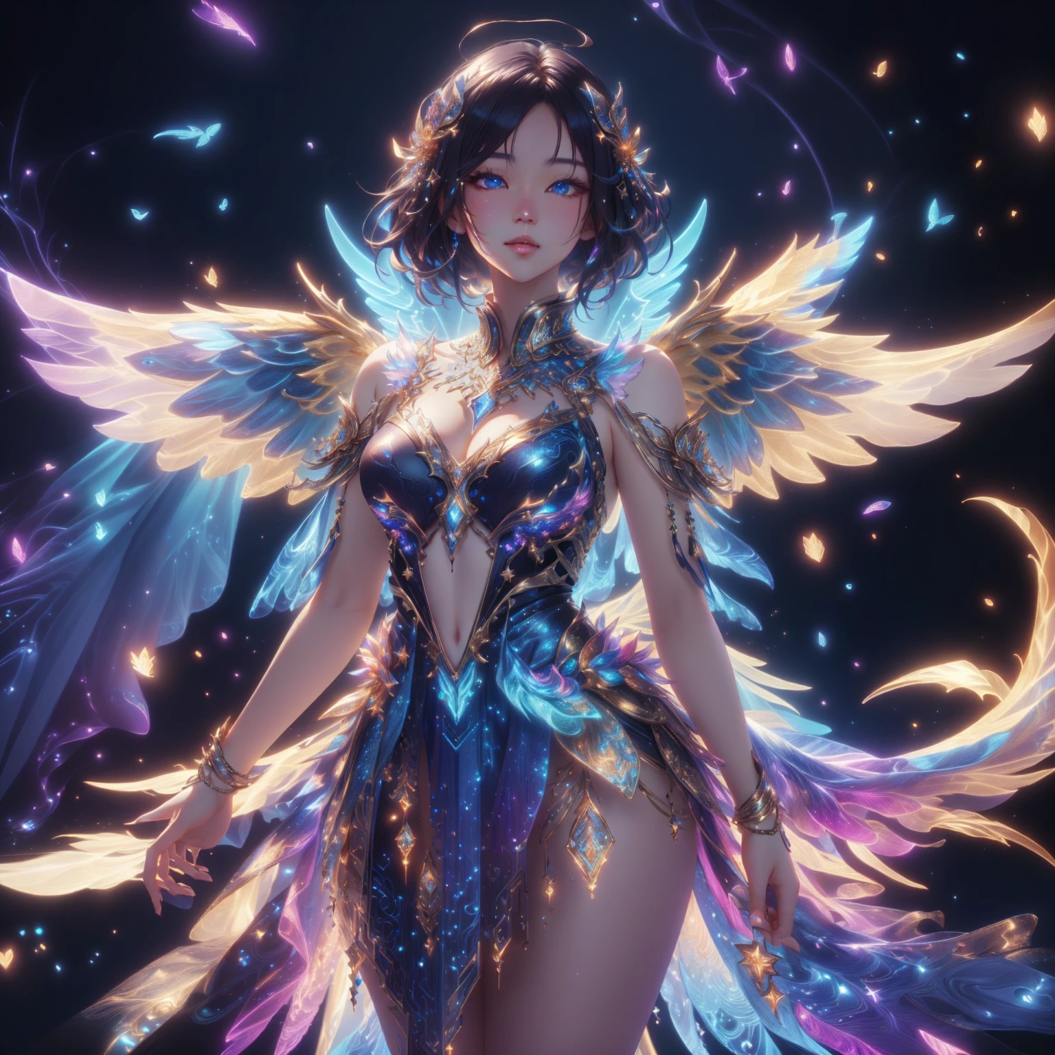 A woman with wings and a body full of gold, Fantasy art style, By Yang J, Ethereal wings, High quality 8K detailed artwork., Like a mysterious Valkyrie, digital fantasy art ), angel on the star, Intricate, elegant cgi anime style., Ethereal fantasy, 2. 5d cgi anime fantasy artwork, Ross Tran 8 g, fantasy anime illustration, Ross Tran and WLOP , blue eyes