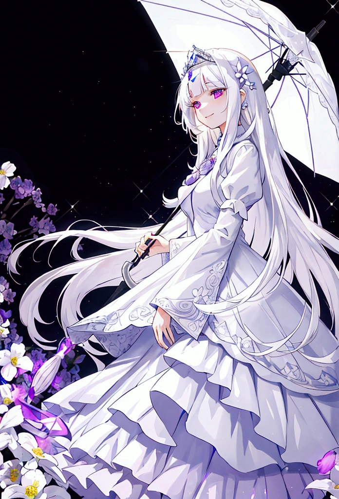 a gentle western princess with long, straight white hair and bangs. sparkling purple eyes and a gentle smile, wearing a white princess dress and standing under a colorful flower garden, holding an umbrella in her hand