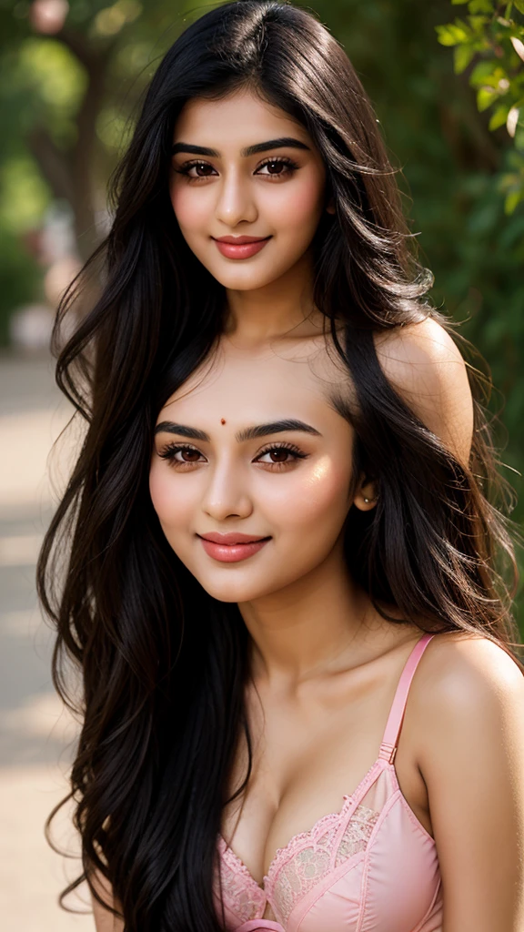 there is Pakistani a woman with big , long straight black hair , realistic face , young and cute girl , 18 years old , attractive girl , cute beautiful , very beautiful girl , 22 years old , 21 years old , with cute - beautiful - face , girl with cute face , Indian , Girl next door innocent look , cute seductive smile , portrait, big breasts with pink bra