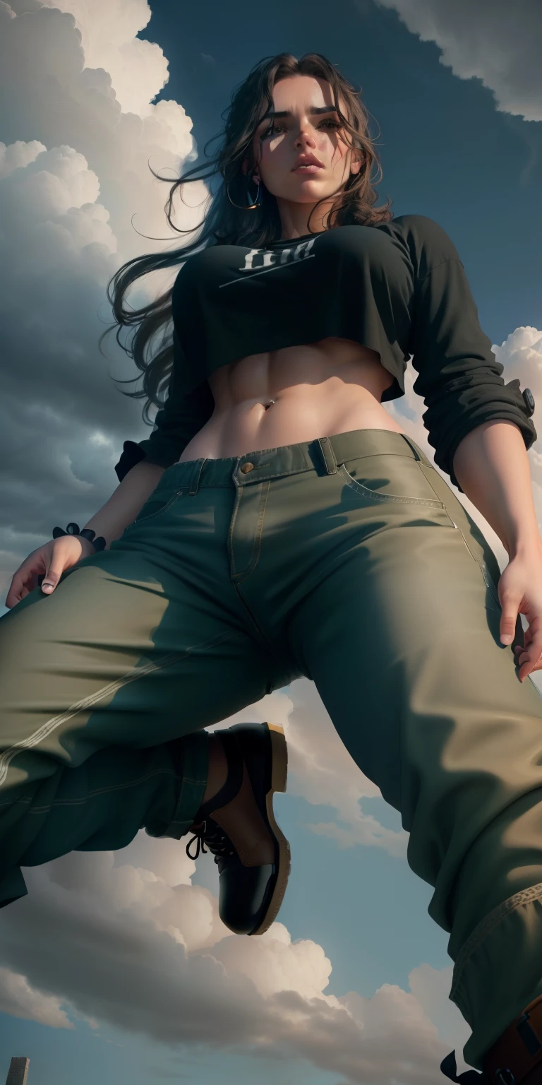 "A towering giantess in a cool and relaxed hippie style is wearing a crop top and baggy pants. His toned, athletic build suggests his enormous strength. Ela parece estar passeando casualmente pela movimentada paisagem urbana de GTS City, while imposing buildings rise overhead. Smoke and clouds swirl around you, enhancing the sense of epic scale and drama. The lighting is dark, grimdark, and realistic, creating a tense and threatening atmosphere. The perspective is from below, emphasizing the majesty and power of the Giant."