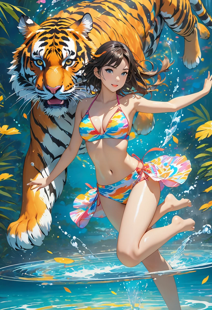 (​masterpiece, top-quality, Official art:1.2)Look at viewericro bikini, tiger and girl, Tiger painting}A flash of light runs, Colorful water levitation(2D:1.5),