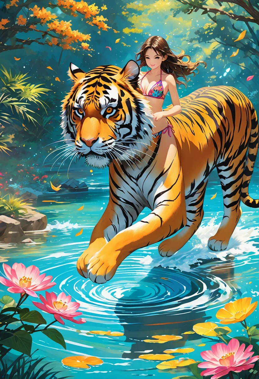 (​masterpiece, top-quality, Official art:1.2)Look at viewericro bikini, tiger and girl, Tiger painting}A flash of light runs, Colorful water levitation(2D:1.5),