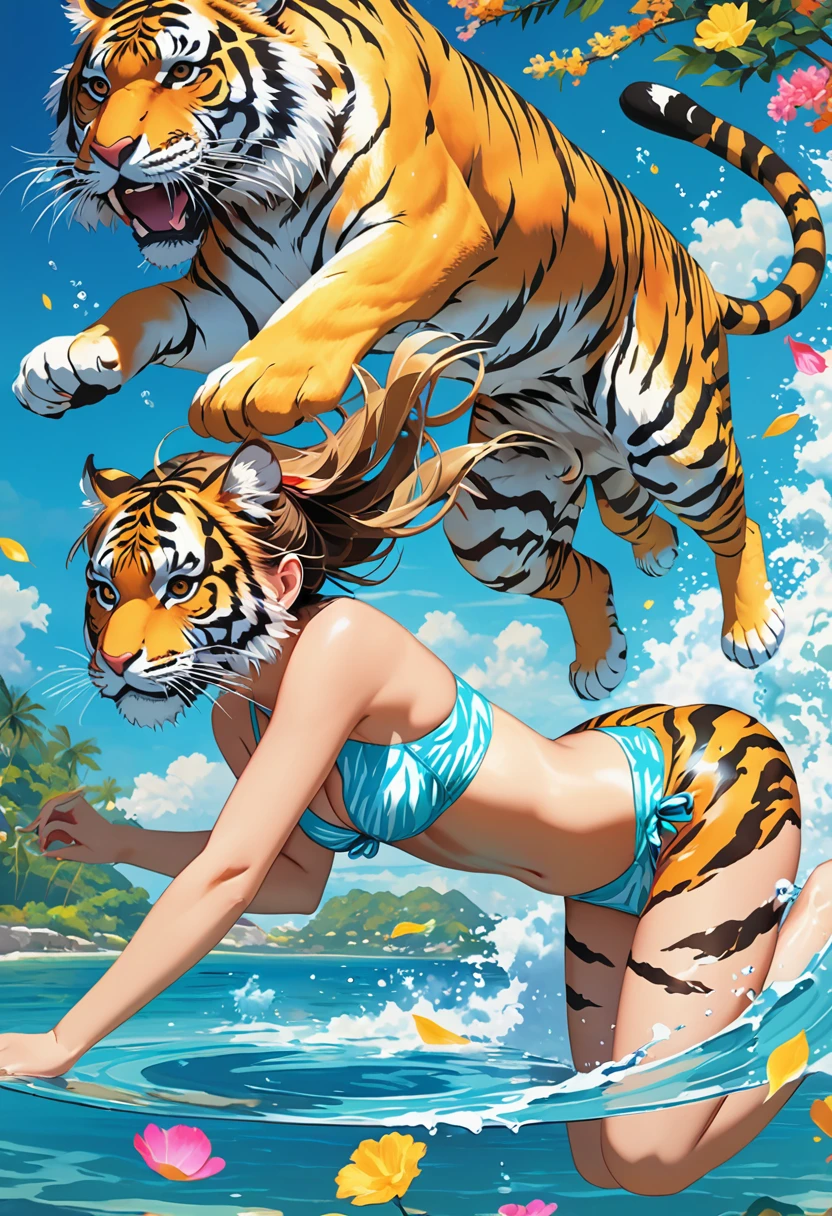 (masterpiece, top-quality, Official art:1.2)Look at viewericro bikini, tiger and girl, Tiger painting}A flash of light runs, Colorful water levitation(2D:1.5),