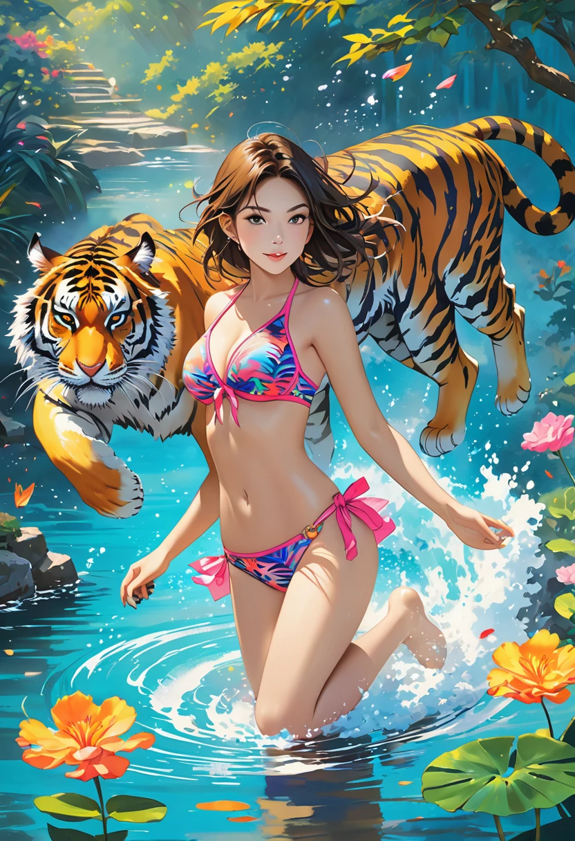 (masterpiece, top-quality, Official art:1.2)Look at viewericro bikini, tiger and girl, Tiger painting}A flash of light runs, Colorful water levitation(2D:1.5),